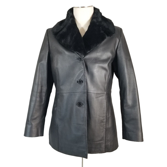 Worthington Leather Coat Womens Large Black Lined removable fur collar Insulated - Picture 1 of 14